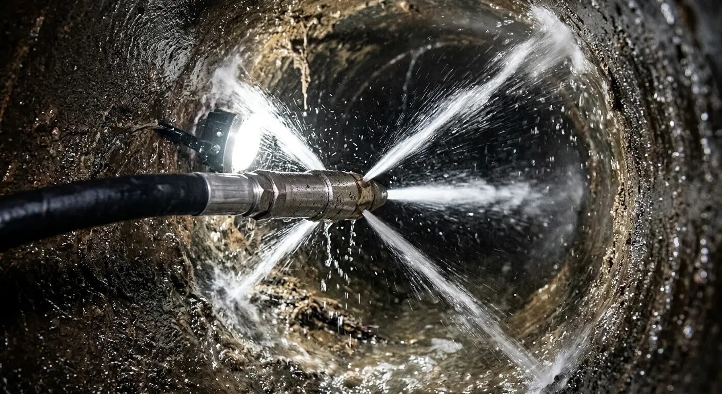 High-pressure hydro jetting nozzle cleaning sewer pipe for Trenchless Sewer Repair in Rio Rancho