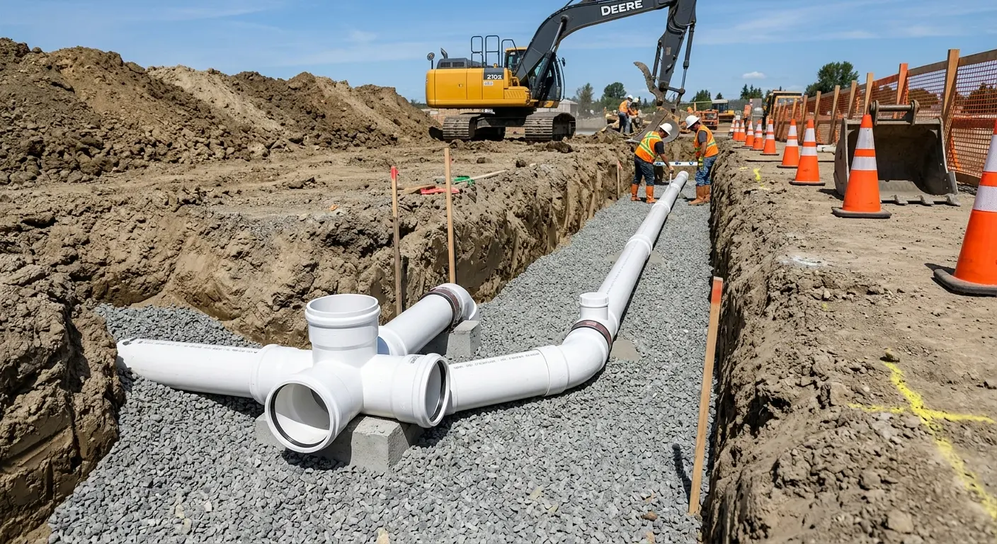 New PVC sewer pipe installation in open trench for Sewer Backup in Rio Rancho