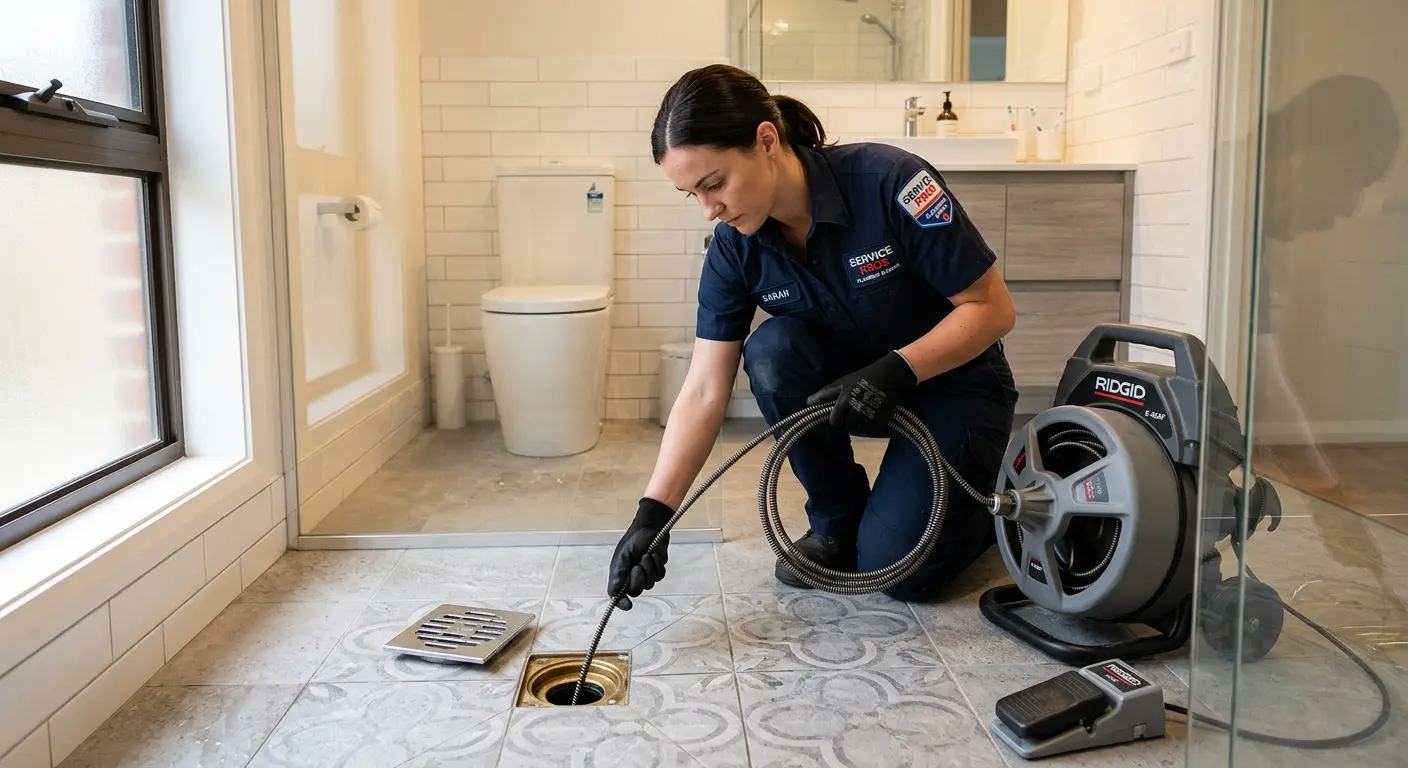 Technician clearing a bathroom floor drain for Sewer Line Replacement in Rio Rancho